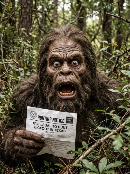 Bigfoot holding a Texas hunting notice