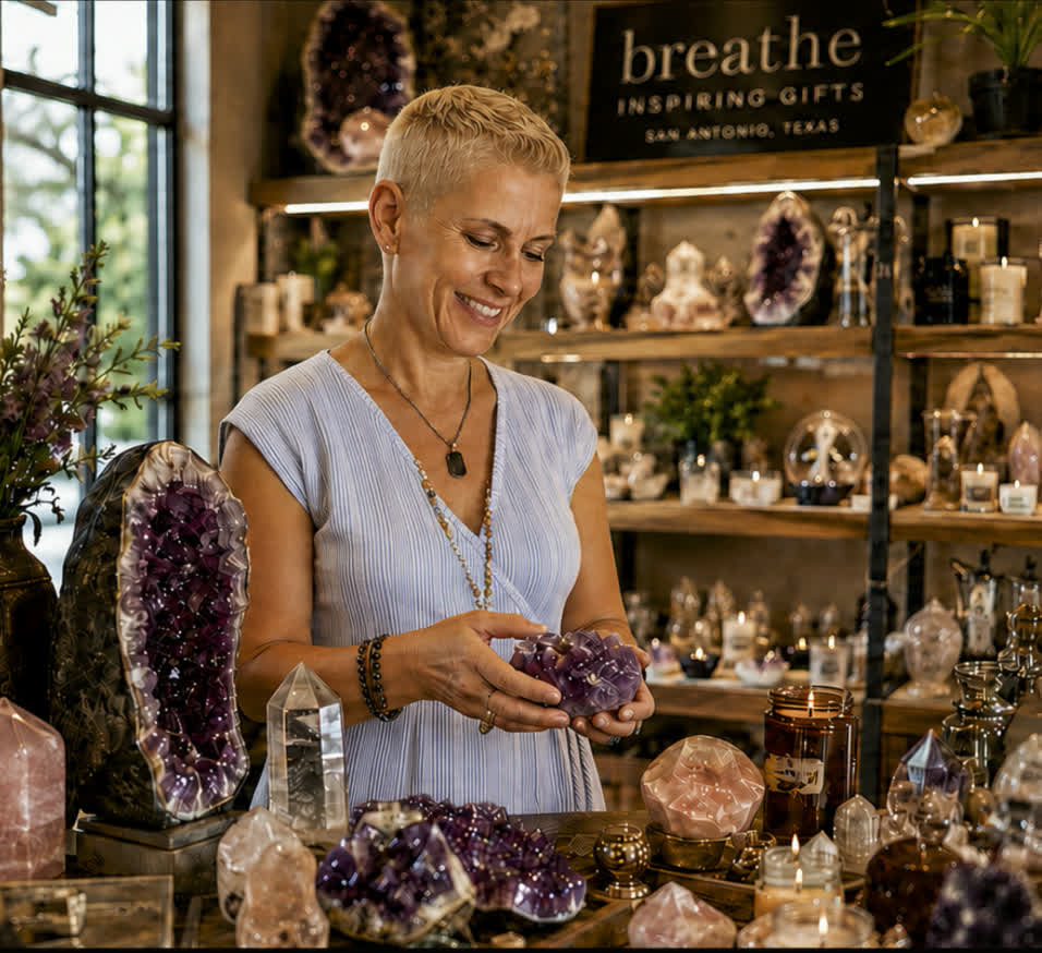 Owner of Breathe Inspiring Gifts holding an amethyst crystal