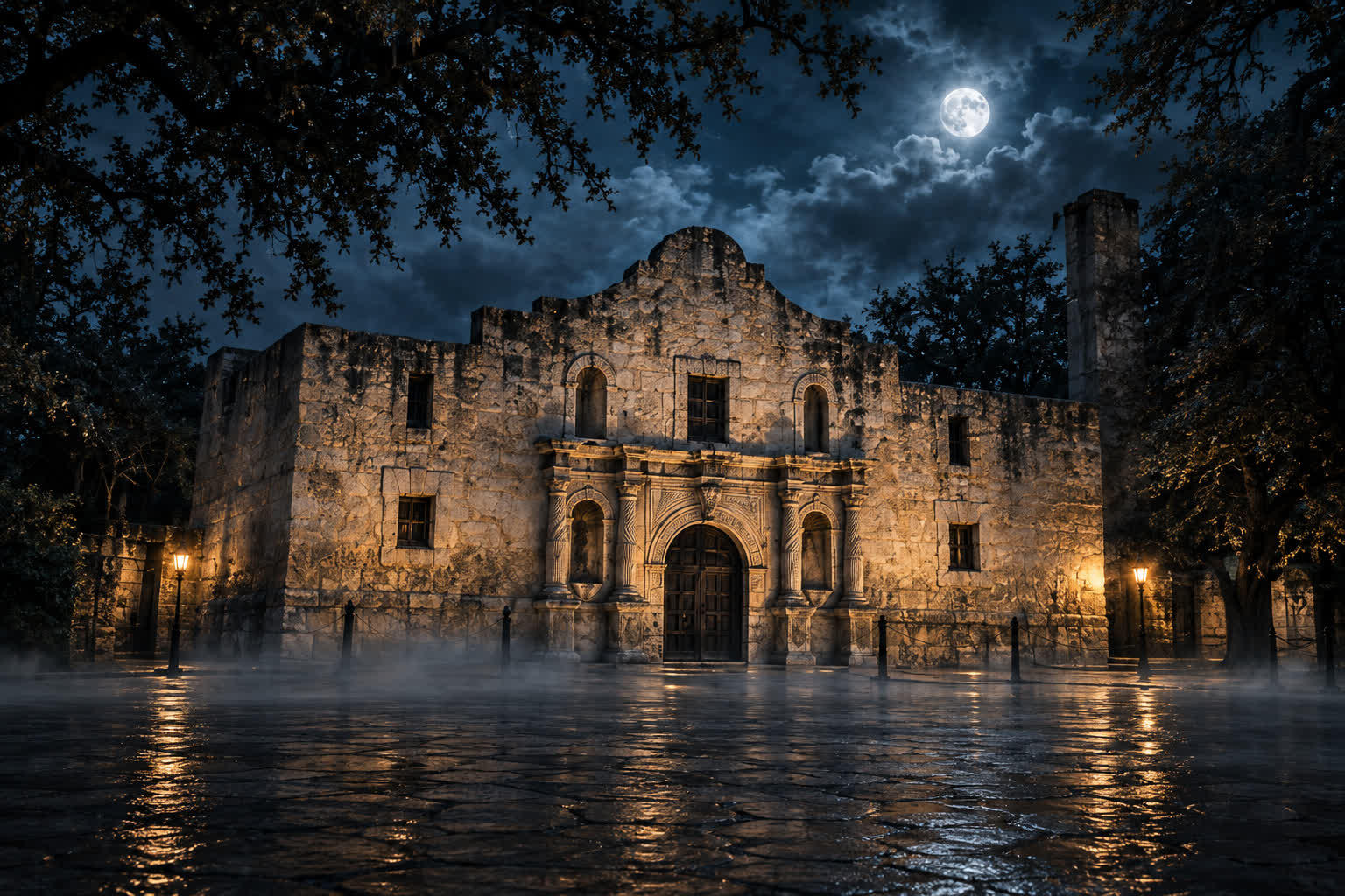 The Alamo illuminated at night
