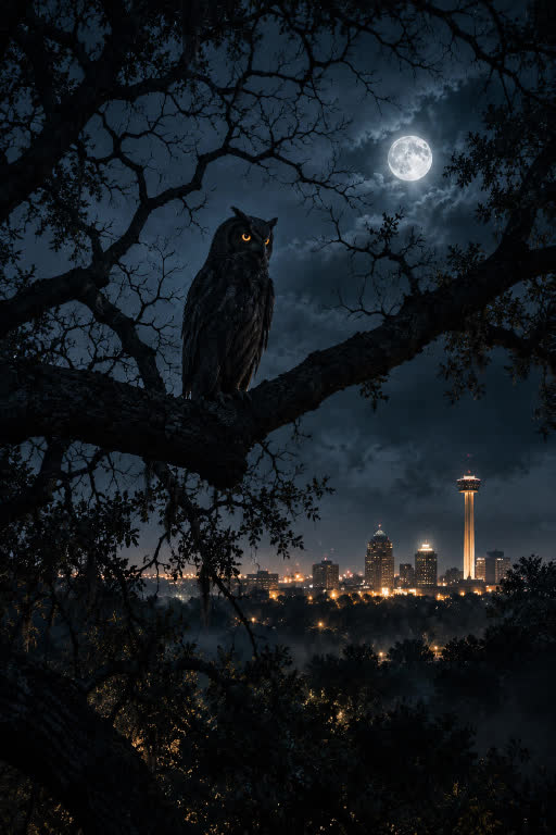 An owl perched among dark trees