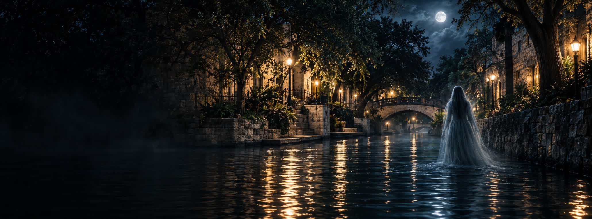The San Antonio River at night