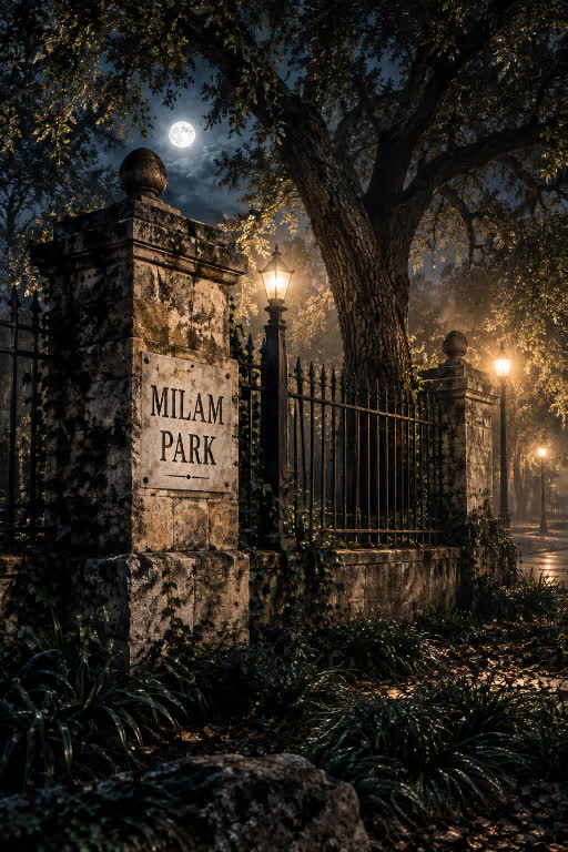 An old park and cemetery gate at night