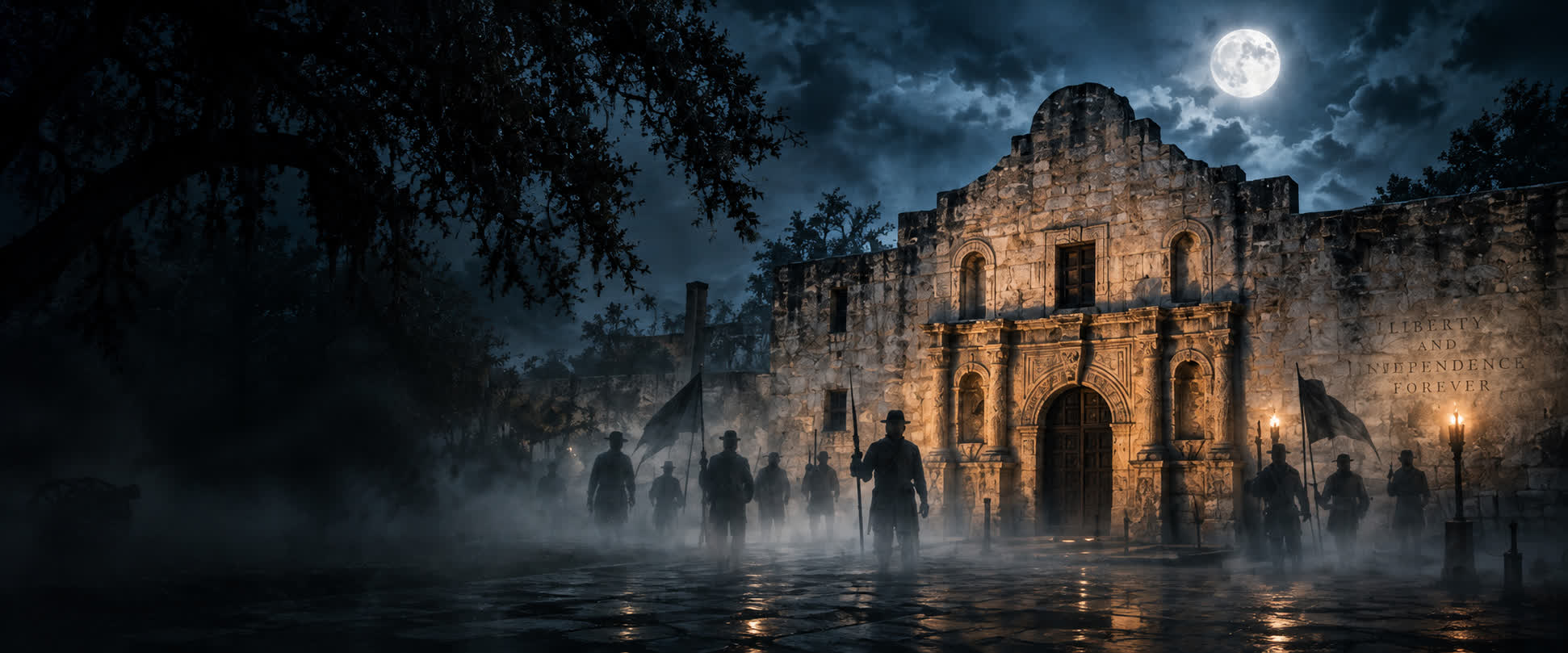 The Alamo at night beneath a stormy sky