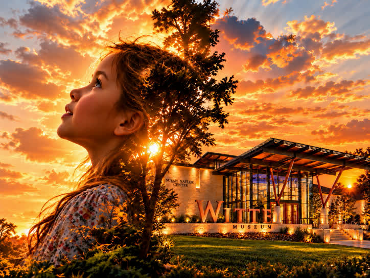 A child looking toward the Witte Museum at sunset
